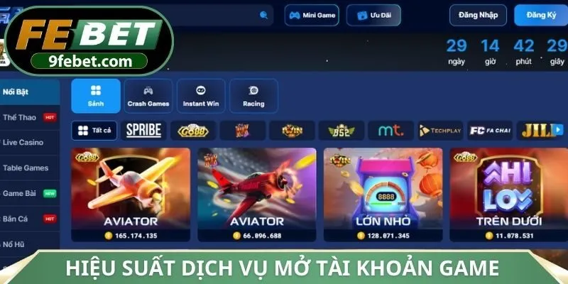Hiệu suất dịch vụ mở tài khoản game